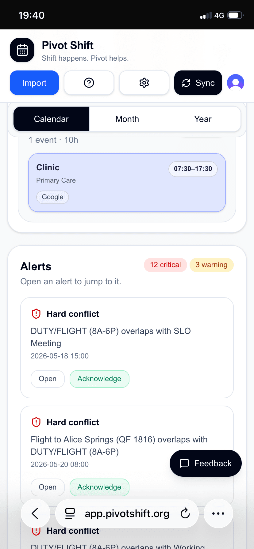 Pivot Shift alerts showing hard conflicts between rostered work and other events.