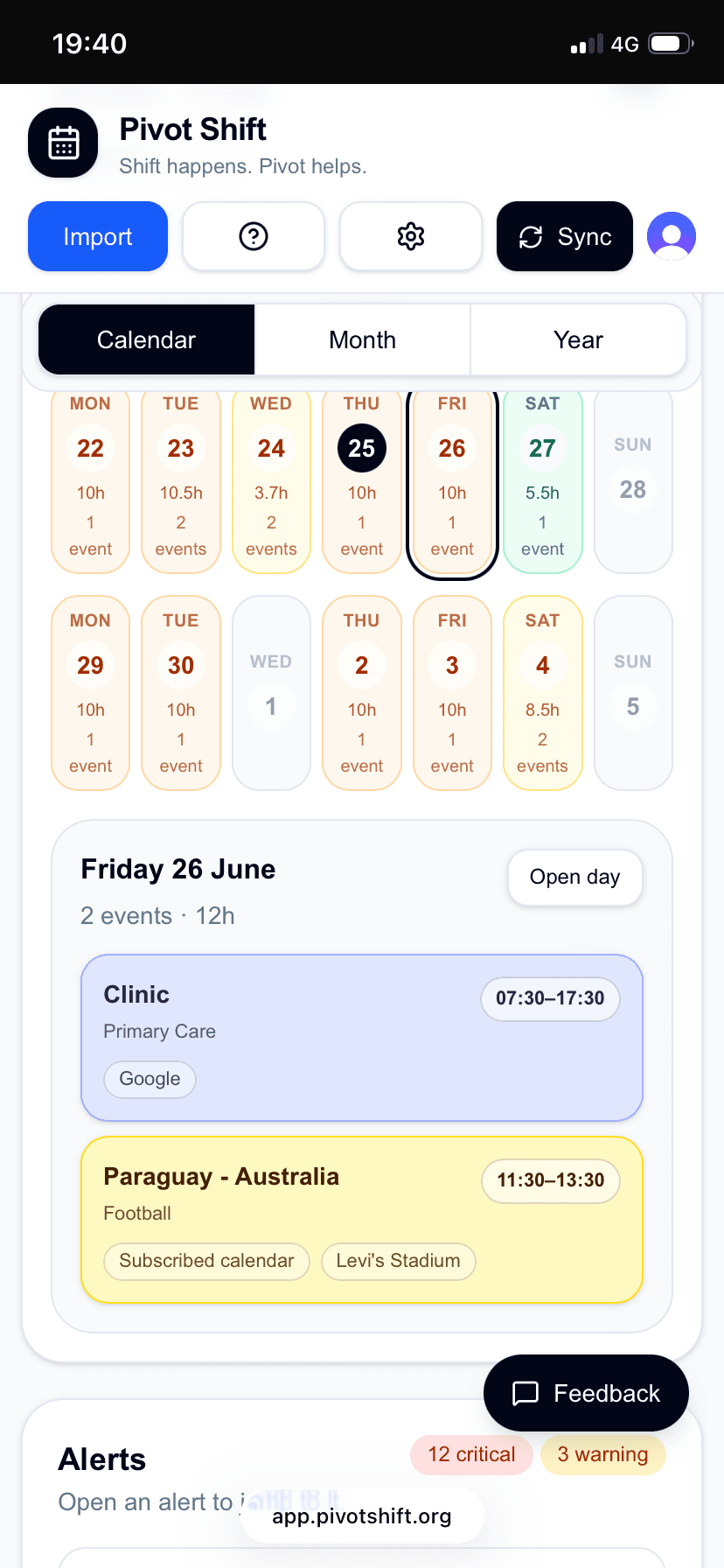Pivot Shift fortnight calendar with work events, a subscribed calendar event, and alerts.