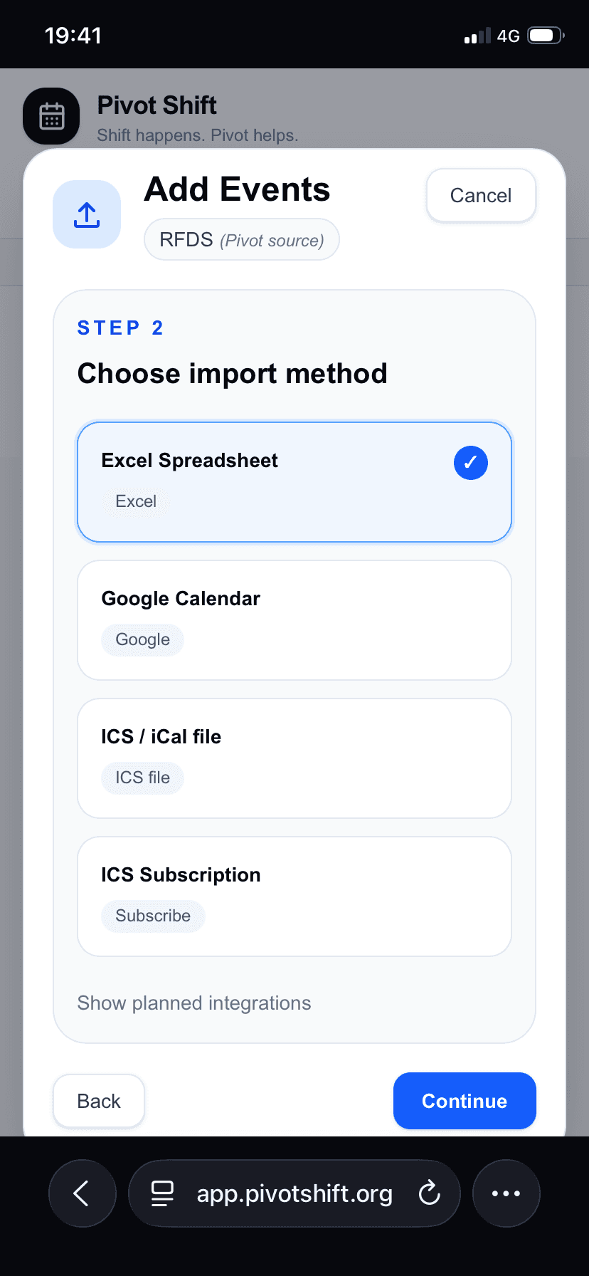 Pivot Shift importer choosing between Excel, Google Calendar, ICS files, and ICS subscriptions.