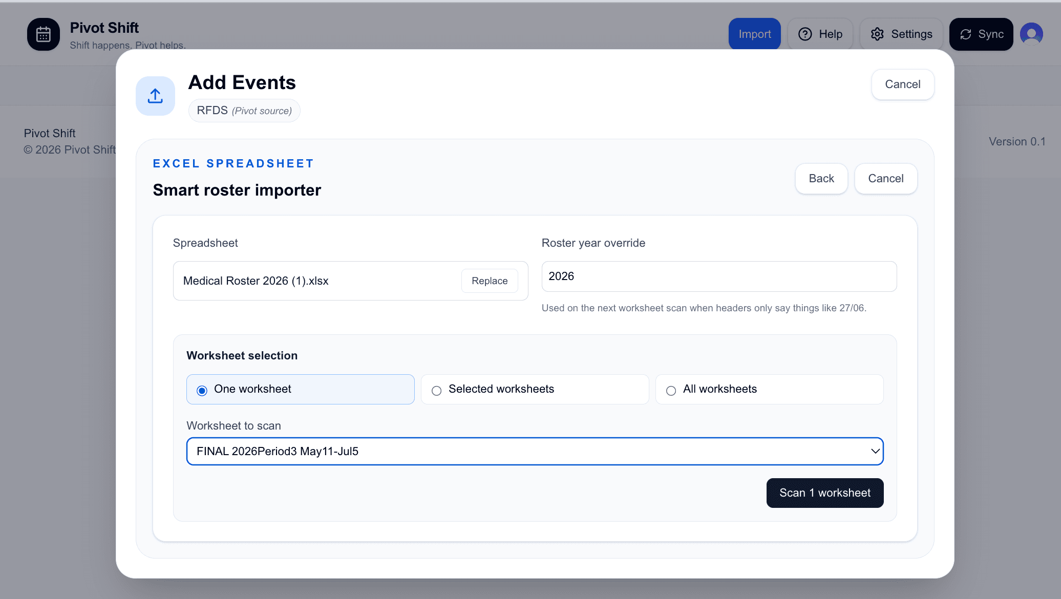 Pivot Shift smart roster importer selecting a worksheet from a spreadsheet.