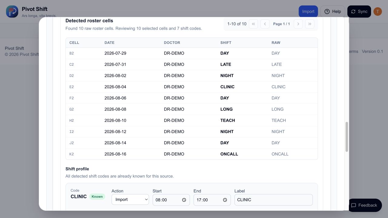 The roster importer detecting dates and fictional doctor codes in the spreadsheet.