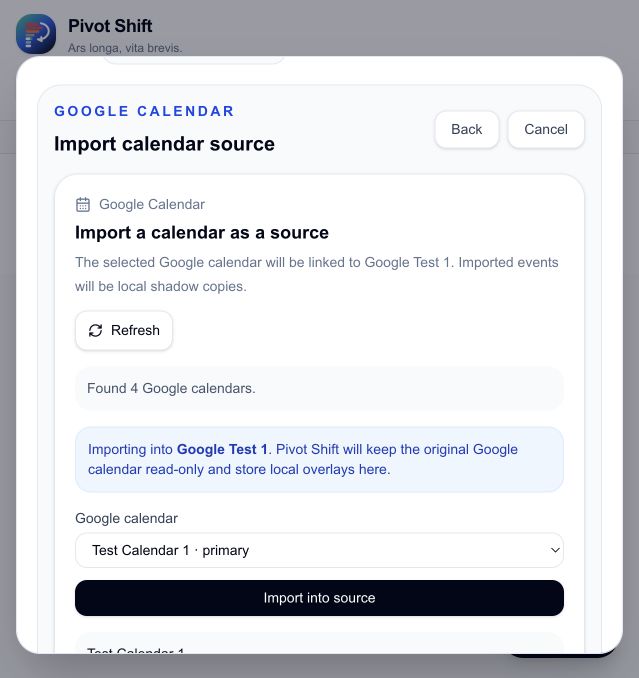 Choosing a Google calendar and importing it into a Pivot Shift source.