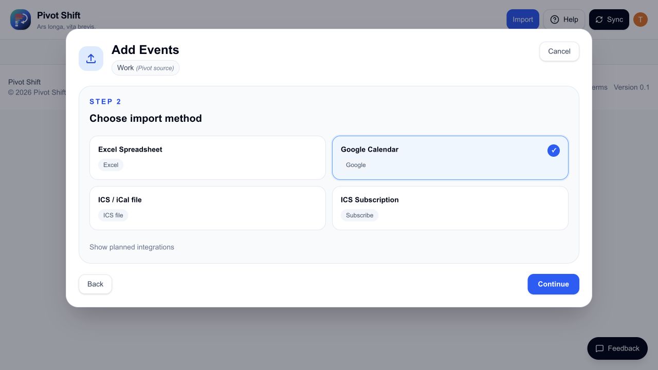 Google Calendar selected as the Pivot Shift import method.