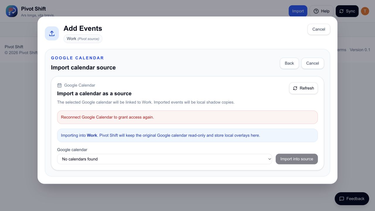 The Google Calendar import screen explaining that the connection needs to be renewed.