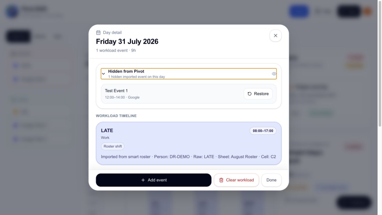 A hidden Google event with its Restore action in the day detail.