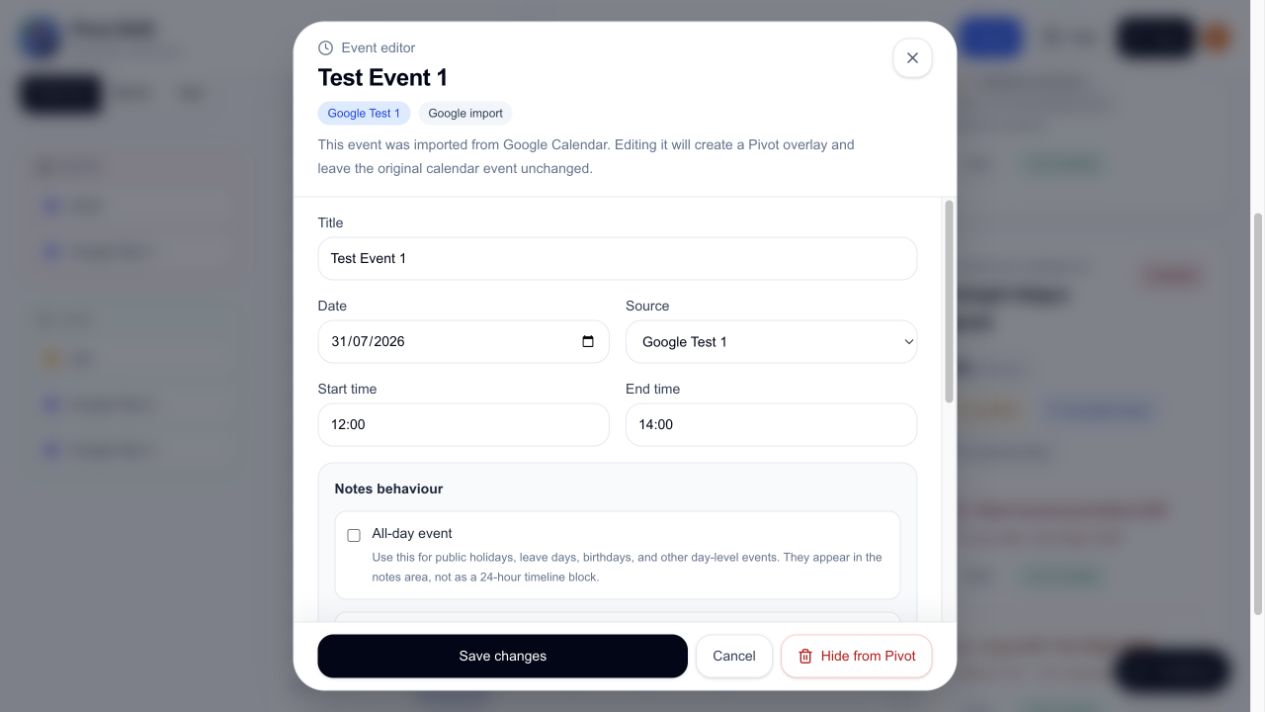 The Hide from Pivot action on an imported Google event.