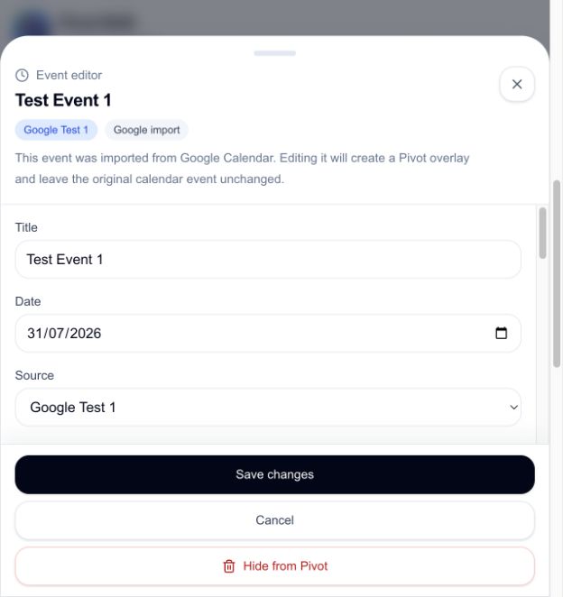 Editing a Google event as a Pivot-only overlay.