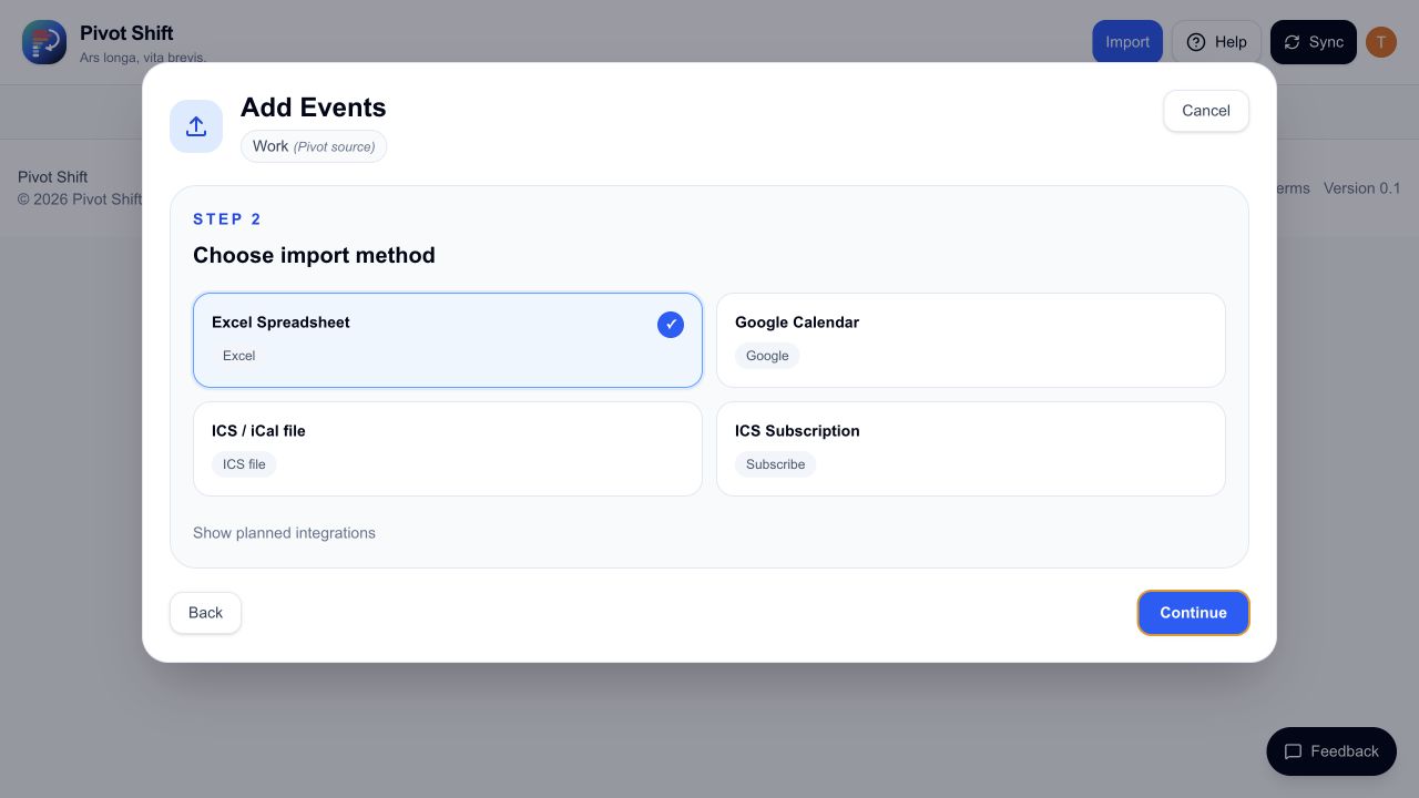 The import method picker with Excel, Google Calendar, ICS file, and ICS subscription choices.