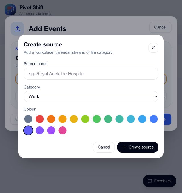 Creating a named Work or Life source before importing events.